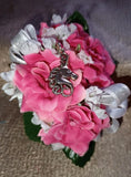 NEW 4" Long Artificial Hot Pink Rose Wrist Corsage With Metal Unicorn Charm Bouquet