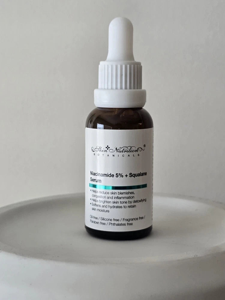Amber serum bottle with white dropper, labeled Niacinamide 5% + Squalane