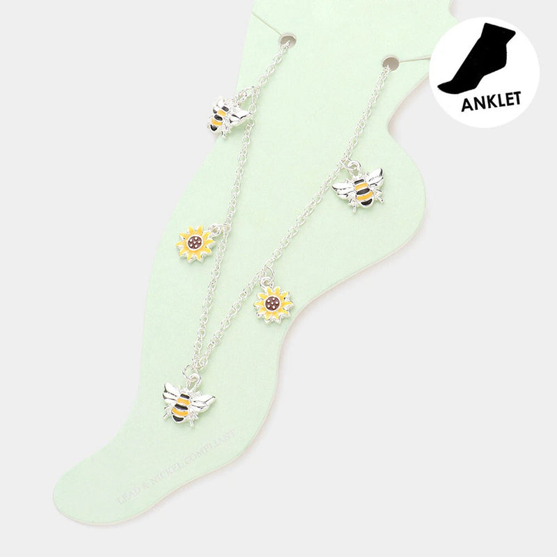 Sunflower ankle bracelet with chain and bee charms in yellow and gold tones