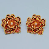 Joan Rivers Rhinestone & Orange Plique a Jour Carnation Flower Earrings ~ 1 1/8" Carnation