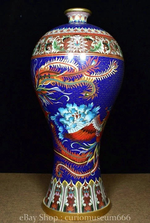 Blue cloisonne bottle vase with gold rim, phoenix and peony flower pattern