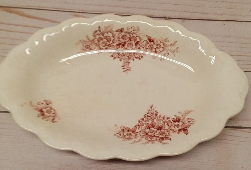 vintage Carnation Mcnicol 9" Long oval dish purplish brown c flowers crazing Carnation