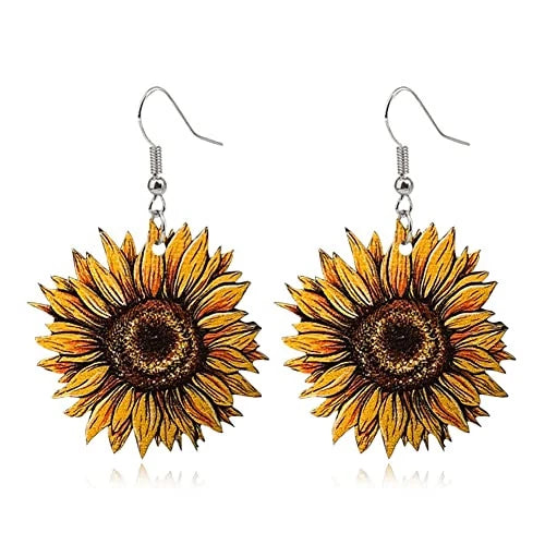 Unique Simple Handmade Wooden Sunflower Daisy Flower Yellow Sunflowers Earrings Sunflower