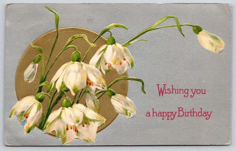 Flower Greetings~Snowdrop Lilies On Gold Circle~Silver Bk~c1910 Vintage Postcard Lily