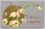 Flower Greetings~Snowdrop Lilies On Gold Circle~Silver Bk~c1910 Vintage Postcard Lily