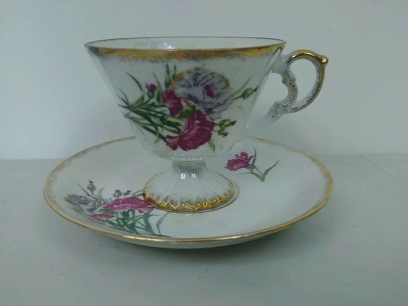 JANUARY CARNATION CUP & SAUCER tea flowers gold vintage trim D2 Carnation
