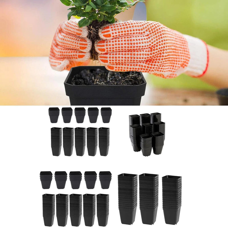 Square nursery plant pots set with multiple small black plastic pots