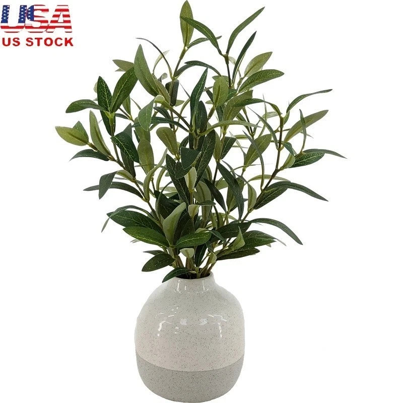 Artificial olive plant in two-tone ceramic vase with green leaves, speckled gray base