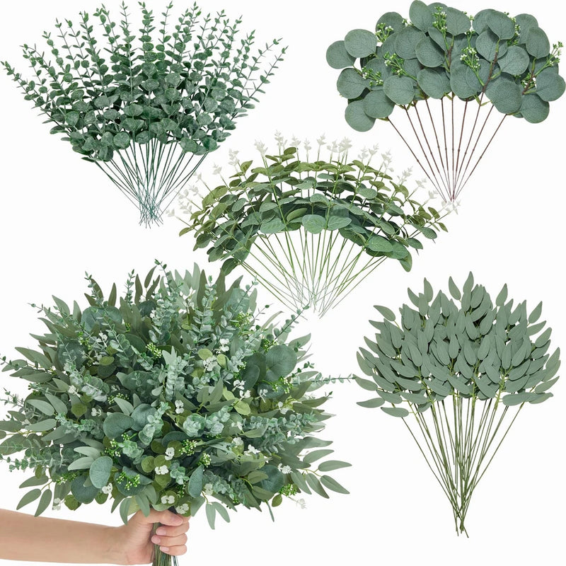 100pcs 4 Kinds Artificial Eucalyptus Stems Bulk, Fake Plants Leaves Bundle, M... Green Plant