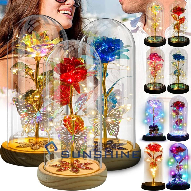 Light-up acrylic dome rose gift with glowing multicolor LED inside glass dome
