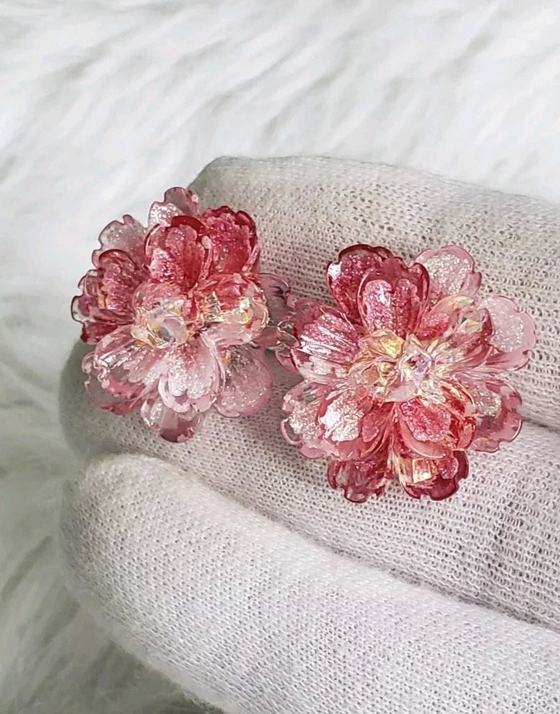 Handmade Iridescent Red Carnation Flower Earrings Carnation