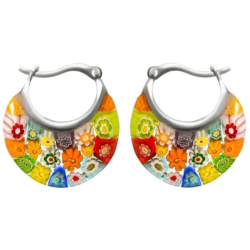 Multicolor Murano Style Glass Hoop Earrings Women Daisy Flower Stainless Steel Daisies