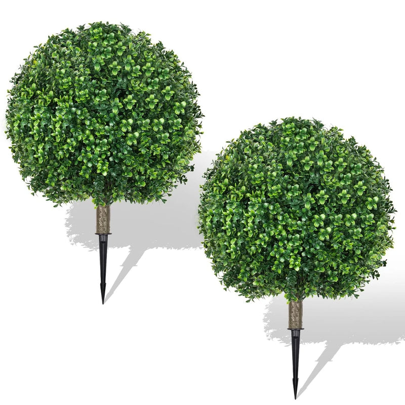 Artificial boxwood topiary ball trees, 2 pack: green spherical shrubs on stakes