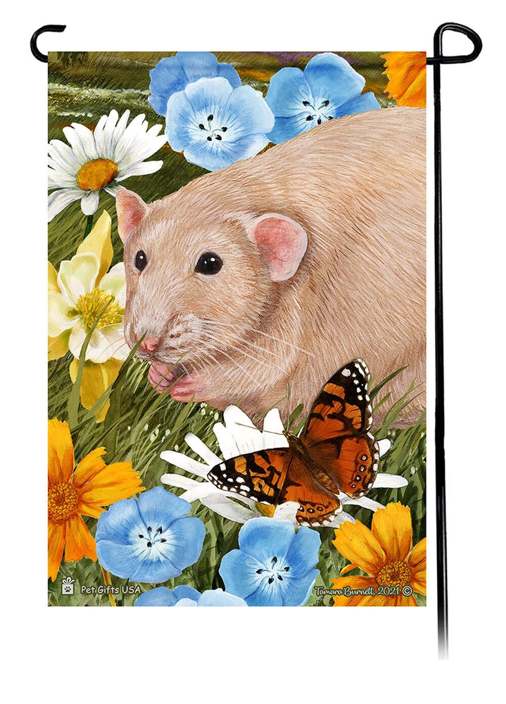 Garden flag with cream rat, blue and white flowers, and orange butterflies