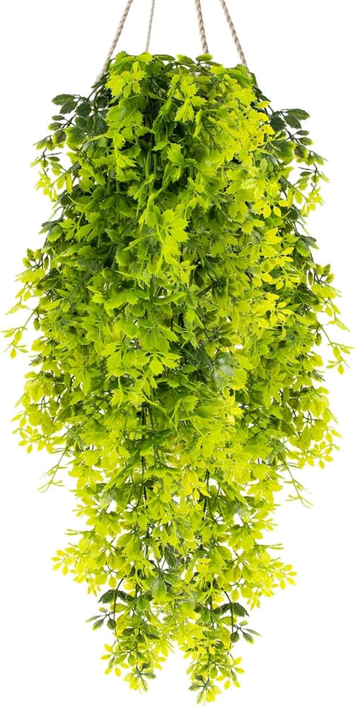 Bright green faux hanging plant with dense leaf clusters, suspended by two cords.