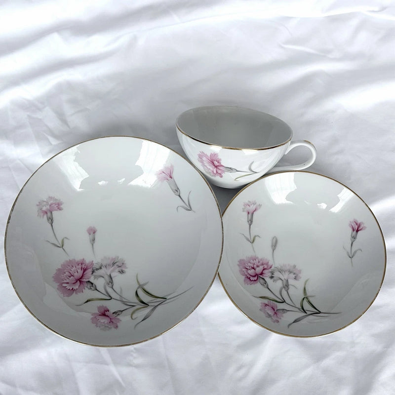Vintage Royal Court Japan Pink Carnation Fine China 3pc Set Bowl Plate Teacup Carnation