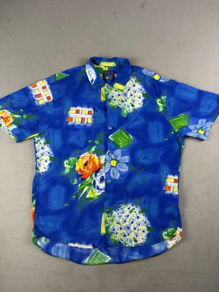 Vintage Jams World Shirt Mens Medium Button Up Rayon Blue Hydrangea Floral USA Hydrangea