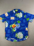 Vintage Jams World Shirt Mens Medium Button Up Rayon Blue Hydrangea Floral USA Hydrangea