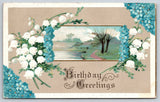 Flower Greetings~Forget-Me-Nots~Lily Of Valley~Bare Trees~c1910 Vintage Postcard Lily