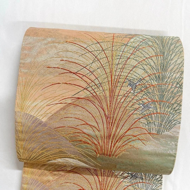 Japanese Kimono Pampas Grass Toyama Small Bird Fukuro Obi Belt 101T Pampas Grass