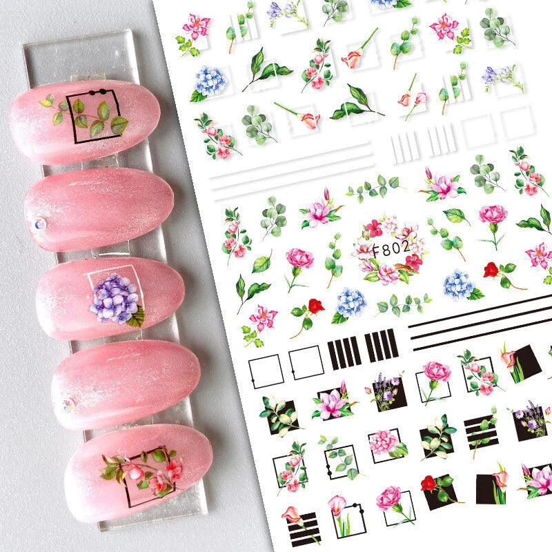 Floral Frame Leaf Nail Sticker Flower Peony Sunflower Palm Leaf Line Stripes Peony