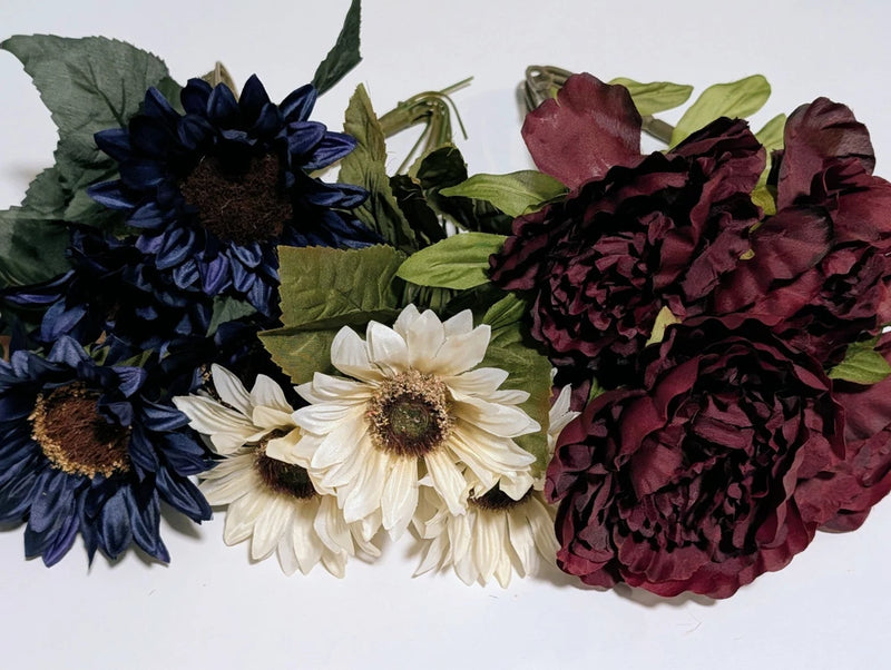 Artificial sunflower and peony flower bundle with blue, cream, and burgundy blooms and green leaves