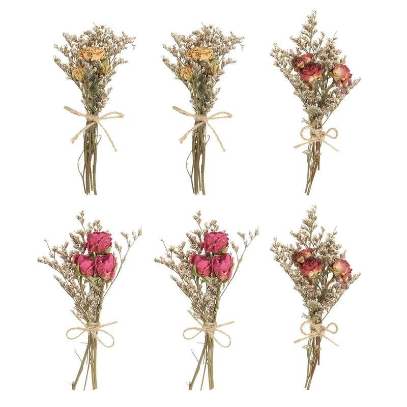 6 Pcs Mini Rose Dried Flower Bouquet Baby's Breath Dark Red/Rose Red/Cream Dried Flower