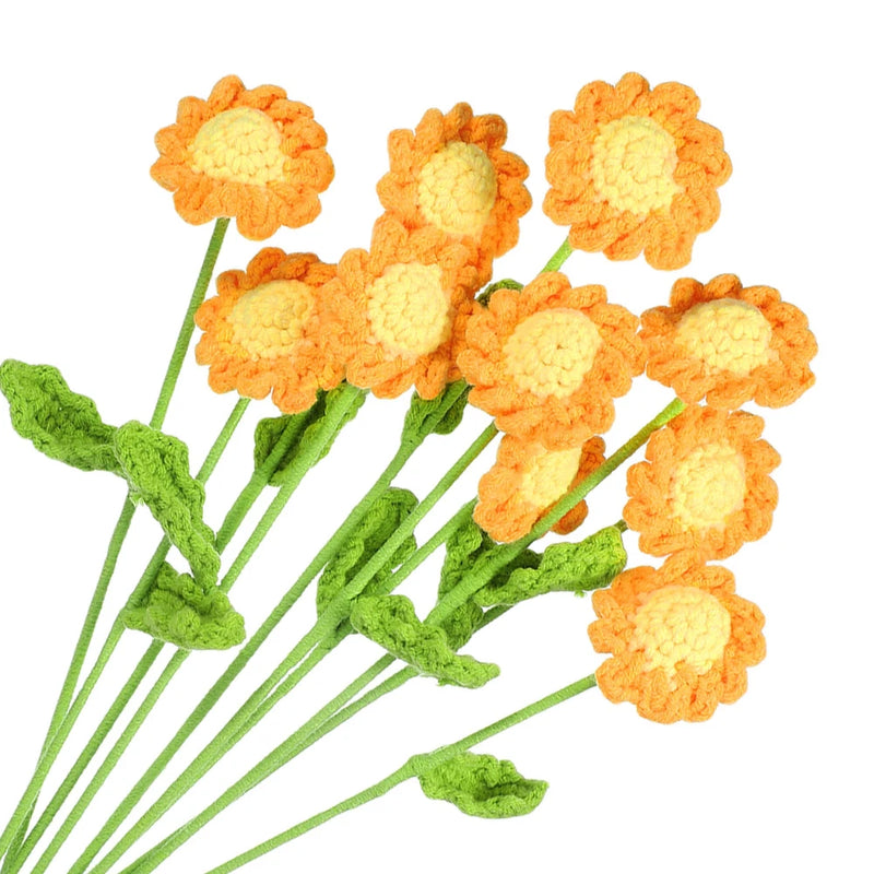 10 Pcs Crochet Flower Handmade Knitted Small Potted Daisy with Stem Yellow Daisies