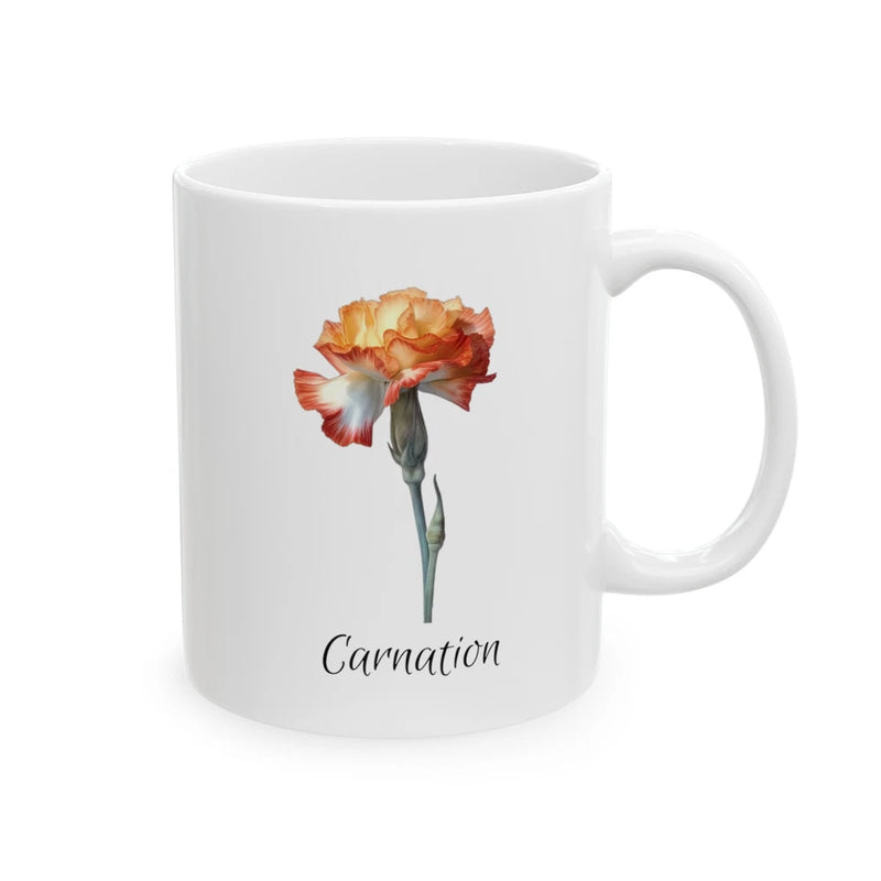 White ceramic mug with painted carnation flower and 'Carnation' text