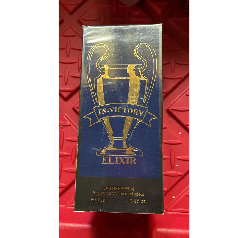 IN-VICTORY Elixir men's eau de parfum in 100ml box with gold and blue trophy design