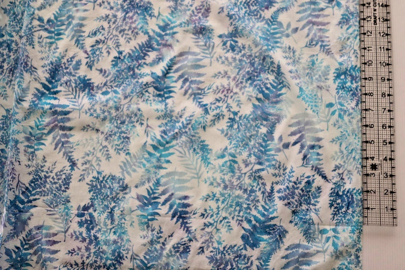 Light blue purple Ferns branches on white BATIK cotton quilt fabric  FQ Hoffman Flowering Plants