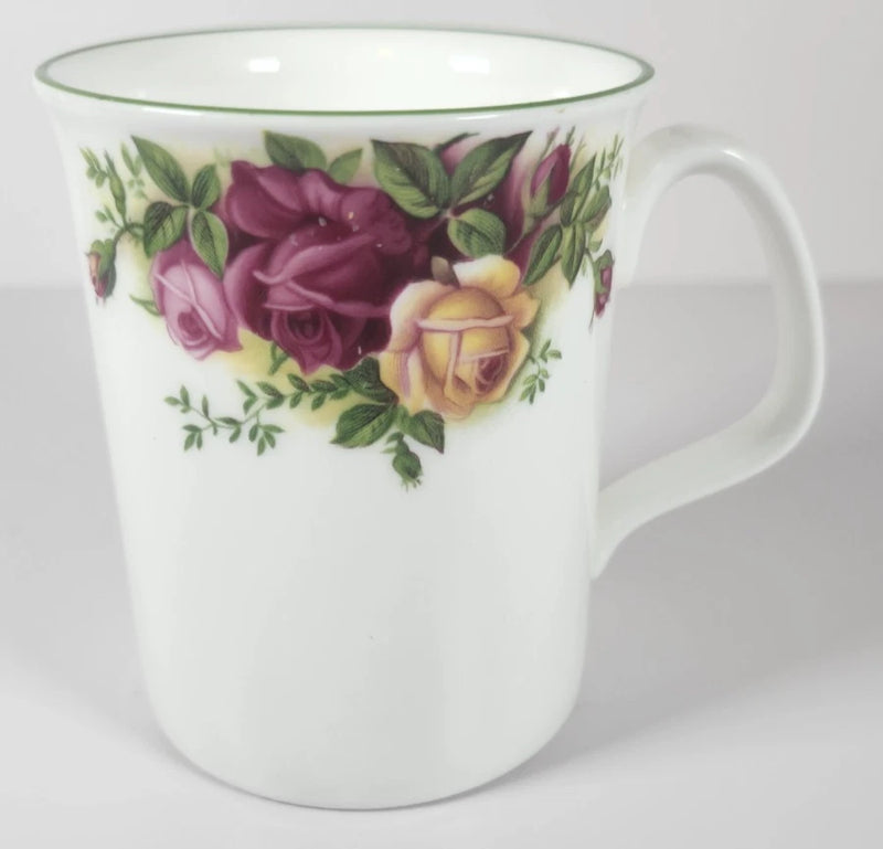 Royal Albert floral rose coffee mug with green rim, white ceramic cup