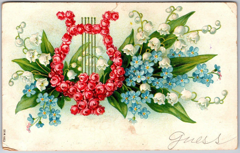 Lyre Floral Arrangement, Red Roses, Lily Of The Valley, Forget-Me-Not, Postcard Lily