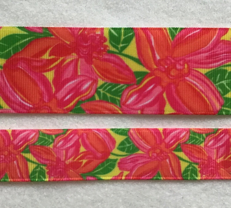 Pink and orange lily floral grosgrain ribbon, yellow background