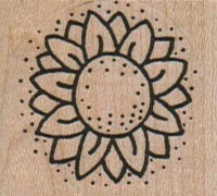 Sunflower mounted rubber stamp with line-art petals on a light wooden handle