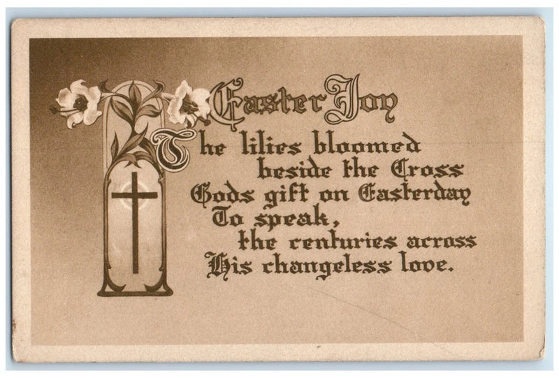 Antique Easter postcard with holy cross and blooming lilies flowers, text greeting.