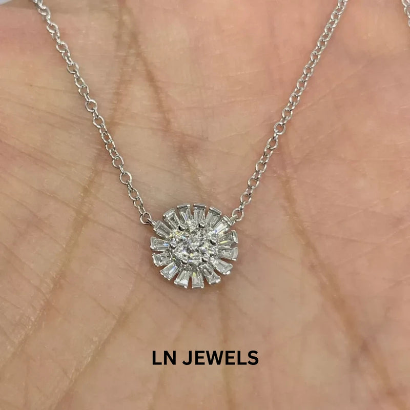 3Ct Baguette Cut Real Moissanite Sunflower Pendant 14K White Gold Plated Sunflower