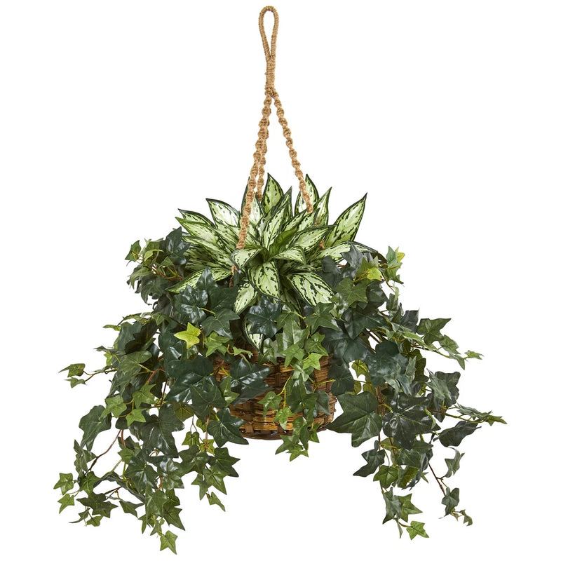 Nearly Natural 30Ó Silver Queen And Ivy Artificial Plant In Hanging Basket Decor Green Plant