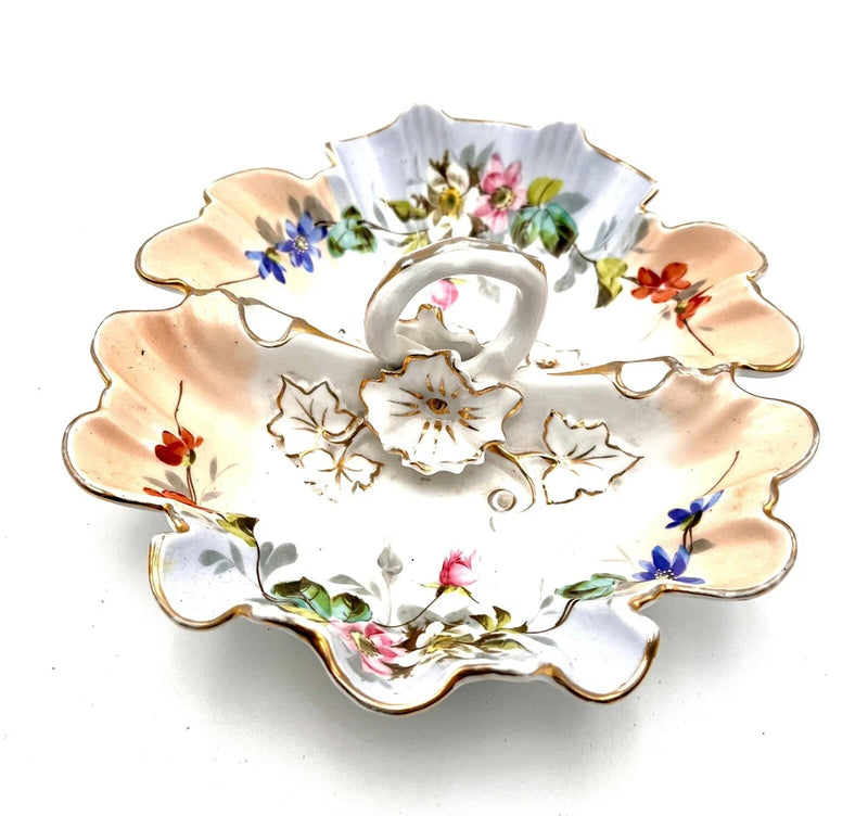 Nut Bowl With Handle Carnation Mold Roses Pastel Satin Finish Victorian Carnation