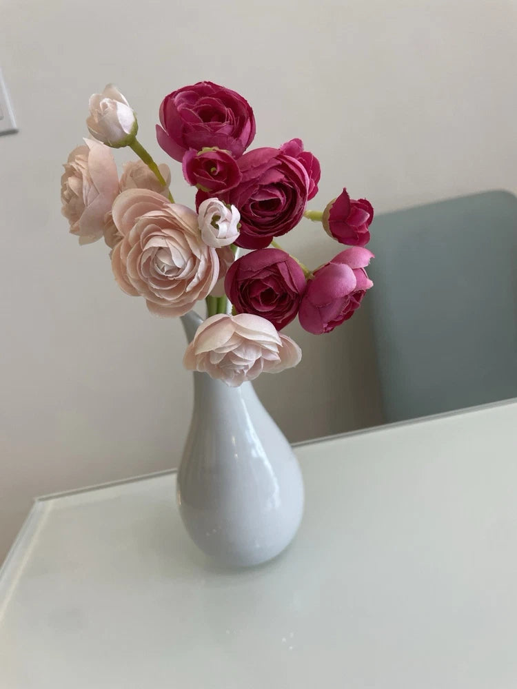 Artificial Silk Ranunculus Flower Bouquet Arrangement in Vase Pink White Ranunculus