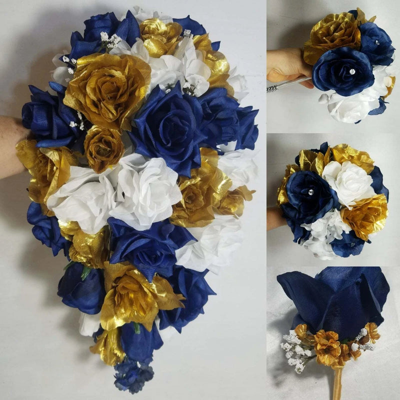 Navy Blue White Gold Rose Bridal Wedding Bouquet Accessories Bouquet