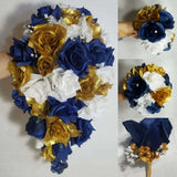 Navy Blue White Gold Rose Bridal Wedding Bouquet Accessories Bouquet