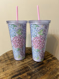 Vera Bradley Happy Hydrangea Double Wall Tumblers with Pink Straw. 24 Oz. Hydrangea
