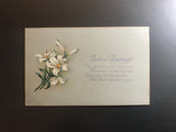 Lilies greeting postcard with white flowers, green leaves, and 'Cordial Greetings' text
