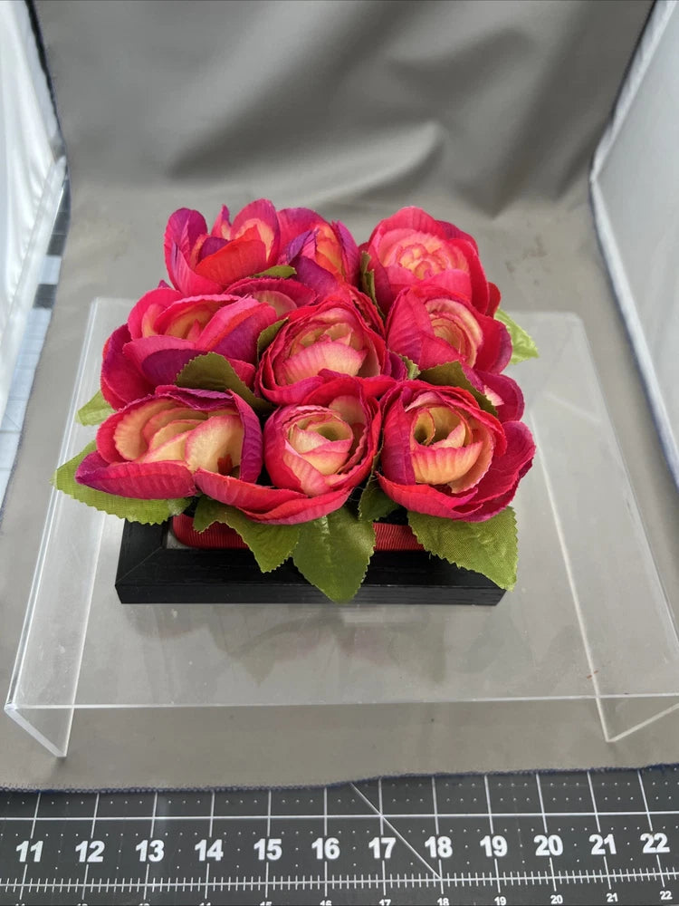 Pink Red Faux Silk Ranunculus Buttercup 9 Flower Box Table Centerpiece 6Ó Square Ranunculus