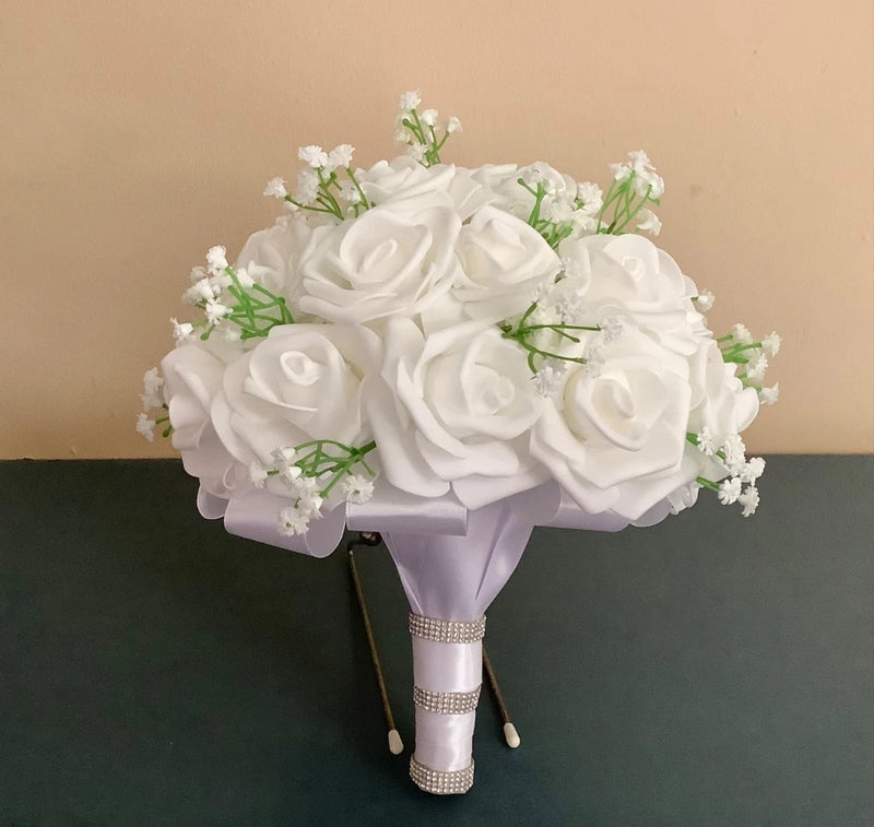 Large rose and baby breath bridal bouquet..you pick colors Bouquet