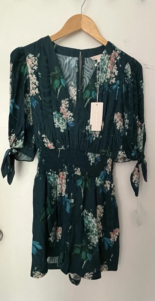 Rebecca Taylor teal  Hydrangea Romper smocked stretchy waist Size 4 Hydrangea