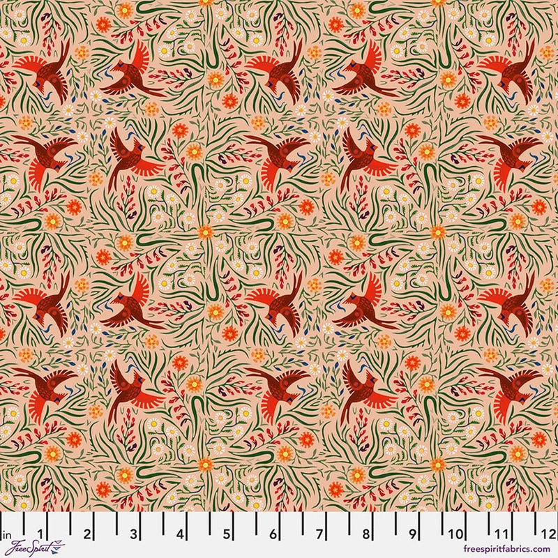 Carefree Cardinals, Pink - Adam Trest, Quilt Fabric 100% Cotton By The Yard Flowering Plants