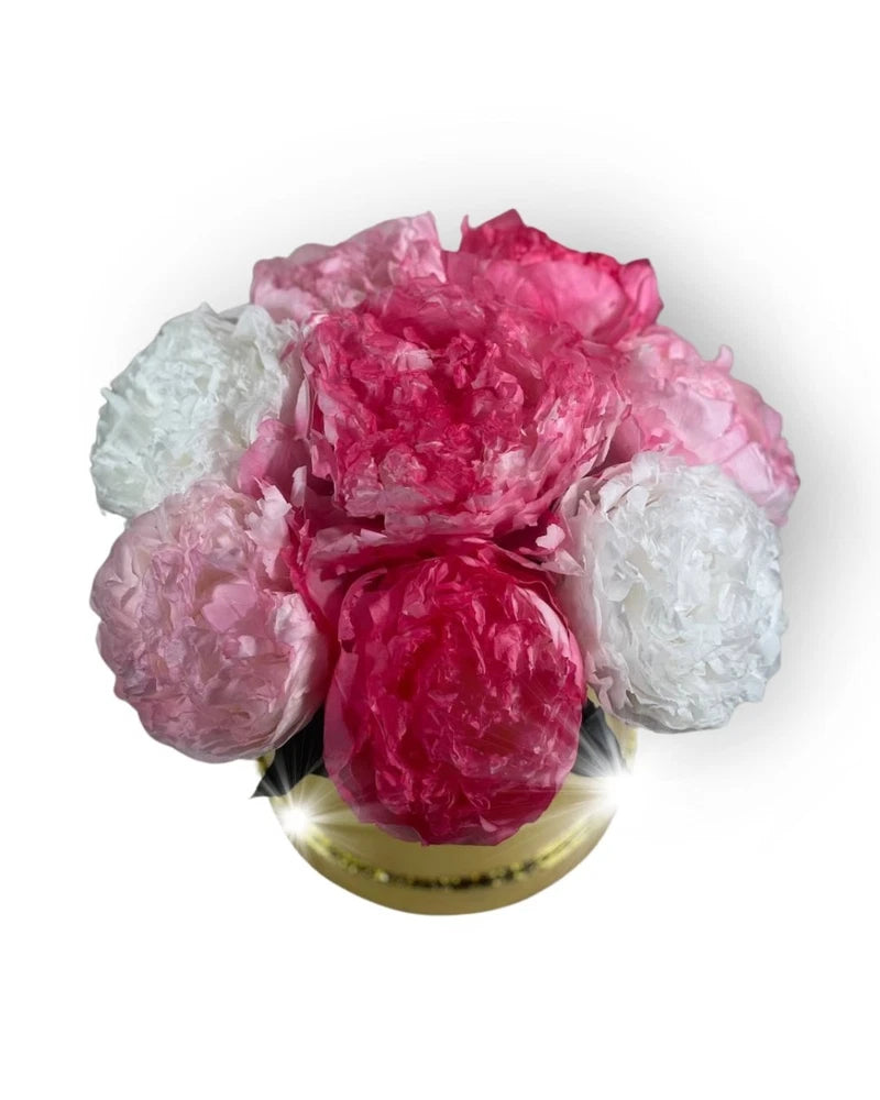 REAL 8 Real  Preserved Peonies in Gold Flower Box. New,  11"- 27.5 cm. Peony