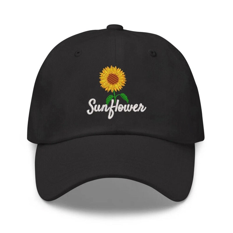 Black cotton baseball cap with sunflower embroidery on the front